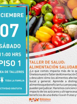 Taller de salud alimentación saludable cartel informativo mostrando frutas y verduras