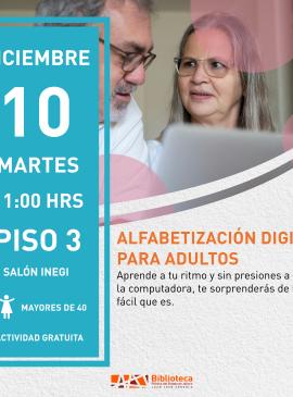 cartel informativo mostrando a dos adultos mayores sonriendo 