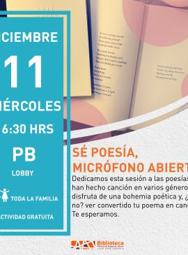 Sé poesía, micrófono abierto cartel informativo mostrando un libro abierto
