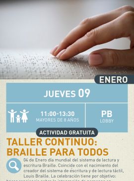 Taller continuo: Braille para todos cartel informativo mostrando unas manos leyendo Braille