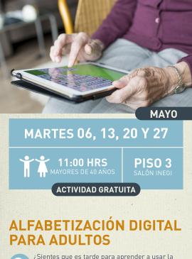 cartel informativo mostrando a una persona adulta usando una tablet