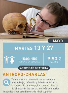 cartel informativo mostrando a una mujer con una lupa viendo una calavera