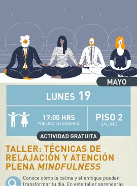 cartel informativo mostrando a 4 personas meditando en dibujo