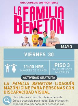 cartel informativo mostrando una familia y el titulo de la pelicula