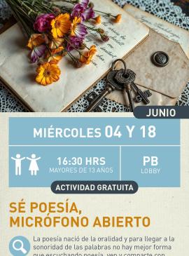 Cartel informativo mostrando unas flores, un juego de llaves y un par de hojas de un libro viejo.