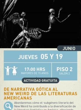 Cartel informativo mostrando a un par de esqueletos alados, sosteniendo uno al otro.