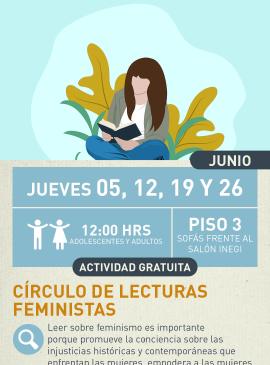 Cartel informativo mostrando a una persona sentada mientras sostiene un libro, todo dibujada con un estilo de colores pasteles
