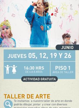Cartel informativo mostrando a tres niños pintando dibujos de todas formas en una pared de cristal