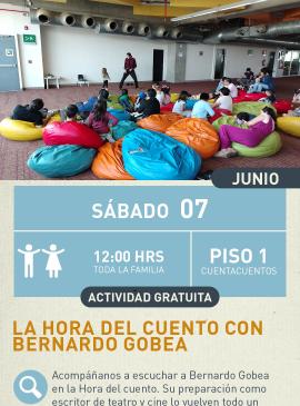 Cartel informativo mostrando un grupo de niños y adultos en las instalaciones de la biblioteca