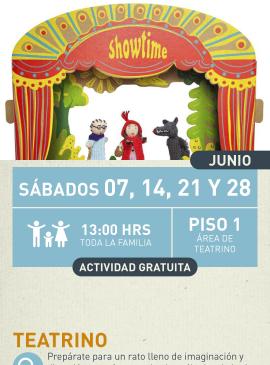 Cartel informativo mostrando tres marionetas del cuento de caperucita roja