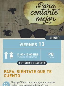 Cartel informativo mostrando varios dibujos de; un avion, un dragon, unos lentes de sol y una nave espacial ademas de un mensaje que dice "para contarte mejor"