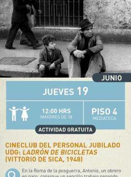 Cartel informativo mostrando a un señor sentado en una banqueta junto a un niño, la imagen esta a blanco y negro