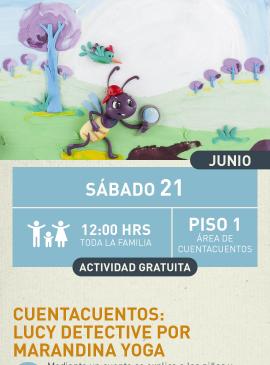 Cartel informativo mostrando a un insecto vestido de detective