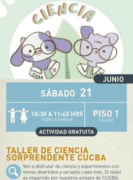 Cartel informativo mostrando un par de dibujos, una vaca y un perro vestios con lentes y batas blancas con el nombre de CUCBA brodados en ellas