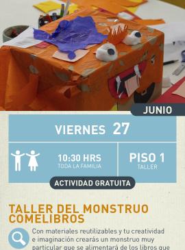 Cartel informativo mostrando un monstruo comelibros hecho con una caja y demas manualidades