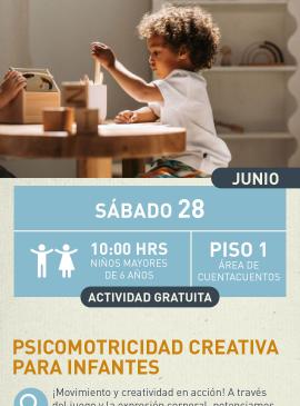 Cartel informativo mostrando a un niño sentado mientras esta jugando con cosas de madera