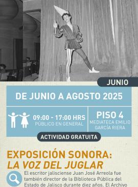Cartel informativo mostrando a un chico vestido con un traje de lo que parece ser de siglos pasados, ademas de que la imagen esta en blanco y negro