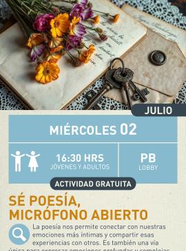 Cartel informativo mostrando unas flores, un juego de llaves y un par de hojas de un libro viejo.