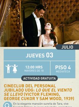Cartel informativo mostrando una pareja de personas, vistiendo ropa elegante en lo que parece ser una habitacion decorada del mismo tema elegante.