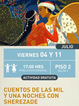 Cartel informativo mostrando el dibujo de la pareja protagonista del cuento de las mil y una noches