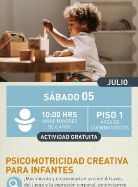 Cartel informativo mostrando a un niño sentado mientras esta jugando con cosas de madera
