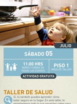 Cartel informativo mostrando un niño pequeño tratando de alcanzar una sarten de la estufa