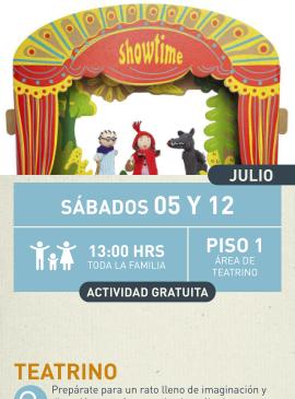 Cartel informativo mostrando tres marionetas del cuento de caperucita roja