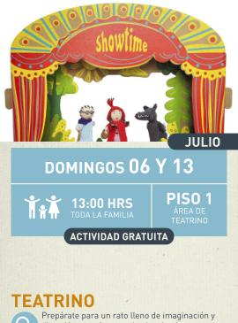Cartel informativo mostrando tres marionetas del cuento de caperucita roja