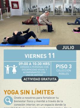 Cartel informativo mostrando a tres personas siendo participes de la clase de yoga, entre ellas un señor de la tercera edad
