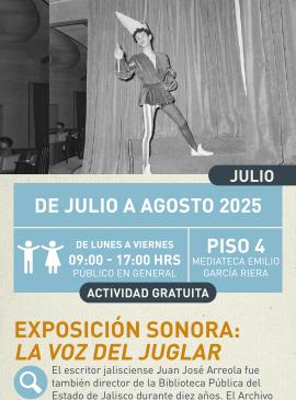 Cartel informativo mostrando a una persona vestida a mallas en lo que parece ser un escenario de una obra, toda la imagen esta a blanco y negro