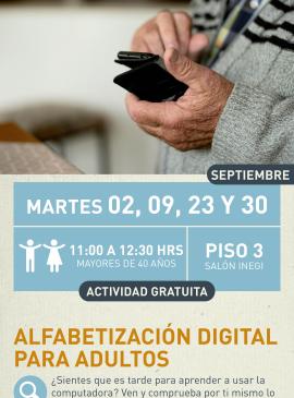 Cartel informativo mostrando las manos de una persona mayor sosteniendo lo que parece ser un celular 