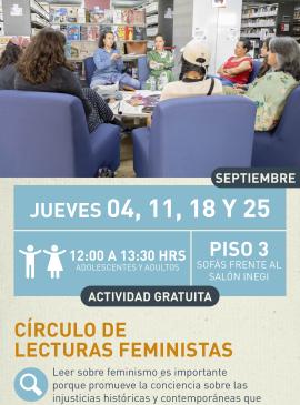 Cartel informativo mostrando un grupo de mujeres platicando mientras estan sentadas en circulo