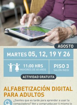 Cartel informativo mostrando a una persona usando una tablet.