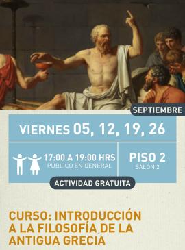 Cartel informativo mostrando a un filosofo de la antigua Grecia