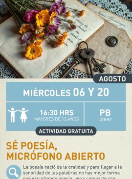 Cartel informativo mostrando unas flores, un juego de llaves y un par de hojas de un libro viejo.