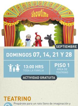 Cartel informativo mostrando tres marionetas del cuento de caperucita roja