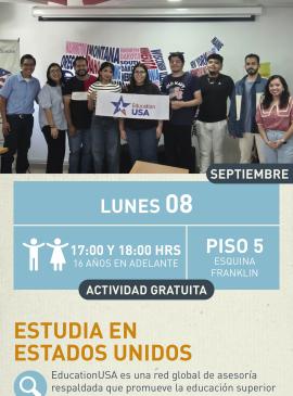 Cartel informativo mostrando a un grupo de chichos los cuales sostienen un logotipo de EducationUSA