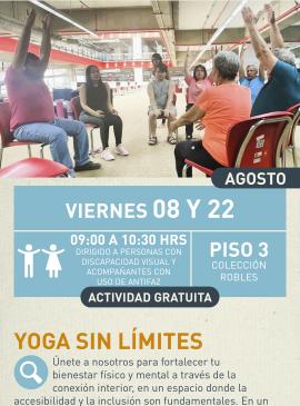 Cartel informativo mostrando a muchas personas sentadas formando un circulo, mientras realizan ejercicios de estiramiento