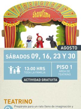 Cartel informativo mostrando a tres marionetas del cuento de "Caperuzita roja"