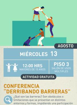 Cartel informativo mostrando a un grupo de personas ayudandose a si mismas para poder subir entre obstaculos