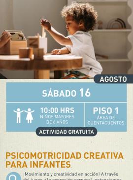 Cartel informativo mostrando a un niño sentado mientras esta jugando con cosas de madera