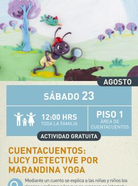 Cartel informativo mostrando a un insecto vestido de detective