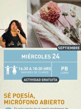 Cartel informativo mostrando una persona sosteniendo un microfono, a un lado de ella se encuentra un libro cerrado y arriba de este, una flor y unas plumas