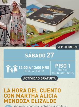 Cartel informativo mostrando mostrando a Alicia mientra esta recitando un cuento, junto a ella se encuentra una pila de libros