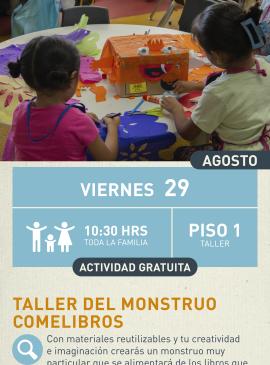 Cartel informativo mostrando a varios niños haciendo manualidades en el taller