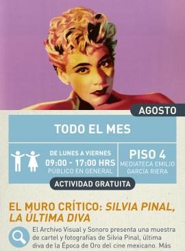 Cartel informativo mostrando una imagen colorida de quien parece ser Silvia Pinal 