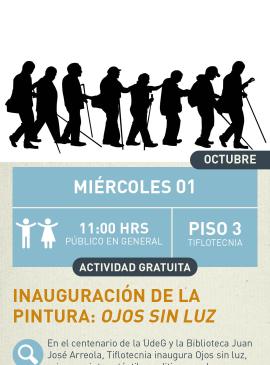 Cartel informativo mostrando un grupo de invidentes ayudandose a avanzar tomandose del hombro.