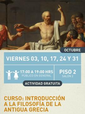 Cartel informativo mostrando a un filosofo de la antigua Grecia