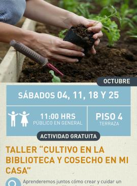 Cartel informativo mostrando las manos de un agricultor tratando un planta en su jardin