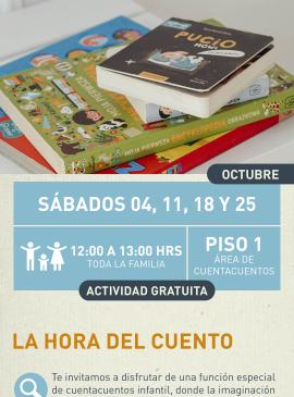Cartel informativo mostrando una pila de libros infantiles 